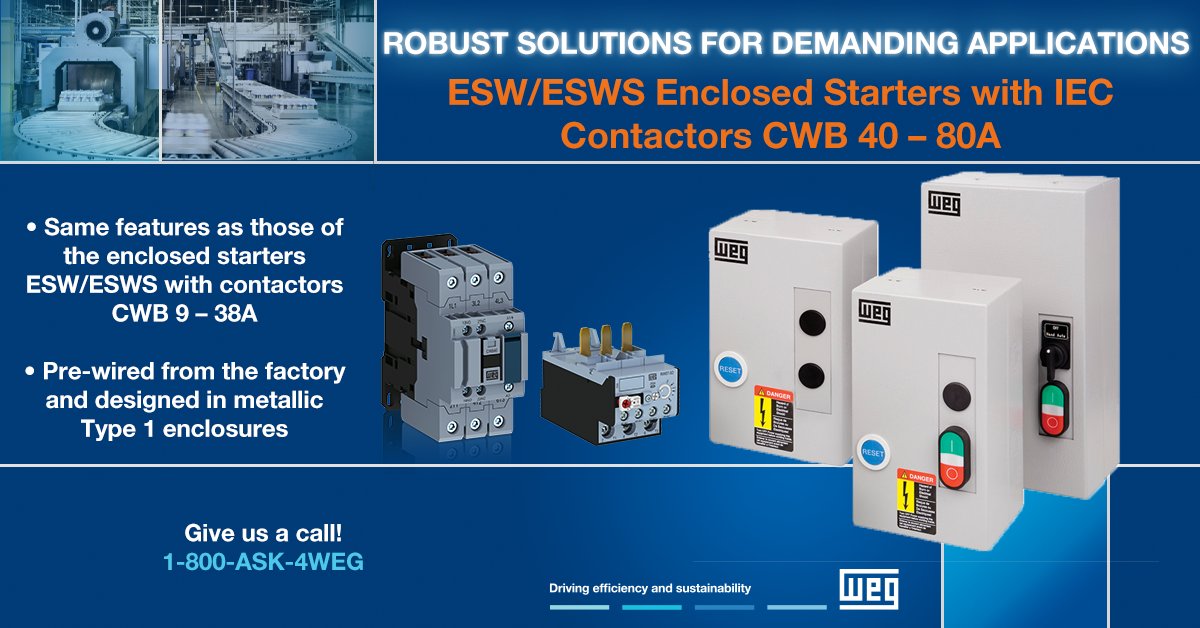 weg_usa's tweet photo. 🔵Check out #WEG product transition of the Full Voltage, Non-Reversing, and Non-Combination Enclosed #Starters #ESW series and the #ESWS series.
https://t.co/SPx2EKfOpR
#contactor #CWBM #Automation https://t.co/UNAJ94pbdk