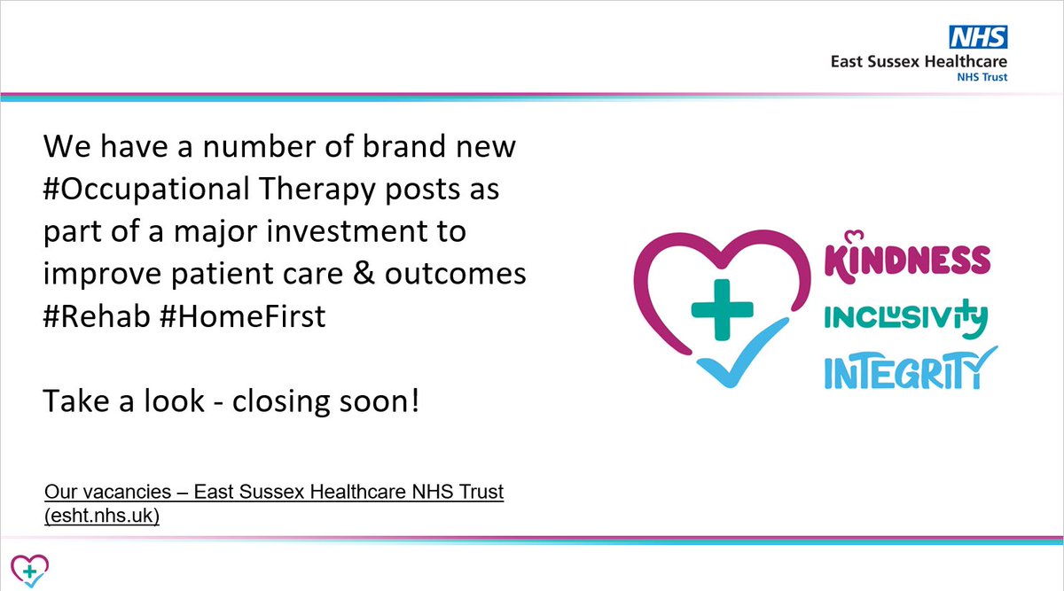We’re investing in #OccupationalTherapy  &amp; #Rehabilitation in our Acute Therapy services as part of a major transformation to enhance #HomeFirst delivery - If you’d like to be part of this exciting journey take a look here !! <a href="/ESHTNHS/">East Sussex Healthcare NHS Trust</a> <a href="/ESHT_OT/">ESHT_OT</a> <a href="/theRCOT/">Royal College of Occupational Therapists</a>
esht.nhs.uk/working-for-us…