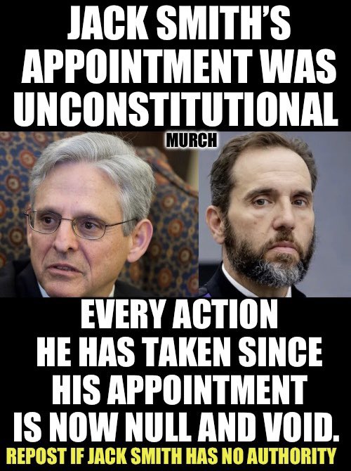 TheEXECUTlONER_'s tweet photo. Merrick Garland
exceeded his statutory and constitutional authority. 

Jack Smith-was not nominated to be special counsel by President Joe Biden or confirmed by the U.S. Senate.

End of game. 

Who thinks it’s time for Jack and the FBI to take a hike? 🙋‍♂️ https://t.co/n2eTissmLE