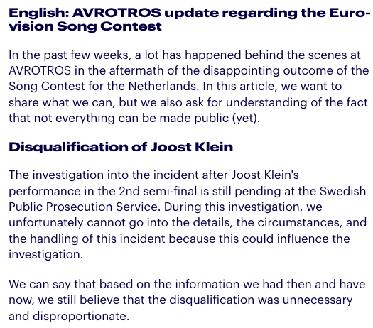 ESCdiscord's tweet photo. 🇳🇱 AVROTROS has released a statement concerning #Eurovision.

They confirm they have cooperated with an EBU investigation, but also say they believe a more in-depth investigation is needed to address structural problems. https://t.co/gR86fQryiJ