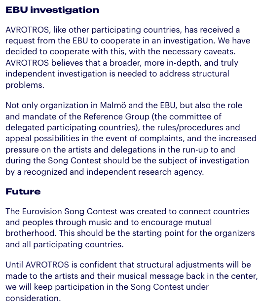 ESCdiscord's tweet photo. 🇳🇱 AVROTROS has released a statement concerning #Eurovision.

They confirm they have cooperated with an EBU investigation, but also say they believe a more in-depth investigation is needed to address structural problems. https://t.co/gR86fQryiJ