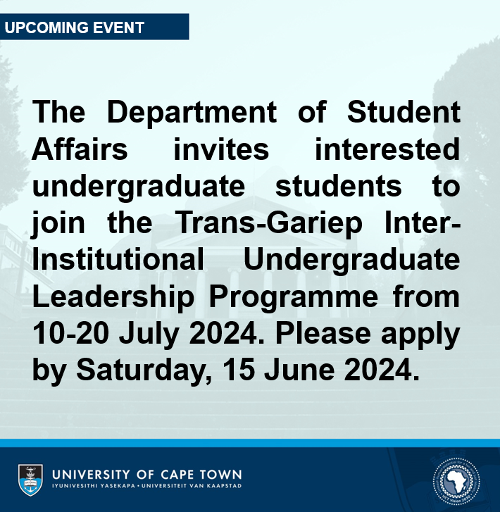The Department of Student Affairs invites you to join a transformative self-leadership journey at the Trans-Gariep Inter-Institutional Undergraduate Leadership Programme from 10-20 July 2024. The application deadline is Saturday, 15 June 2024. Read more: qr.link/FugIEy