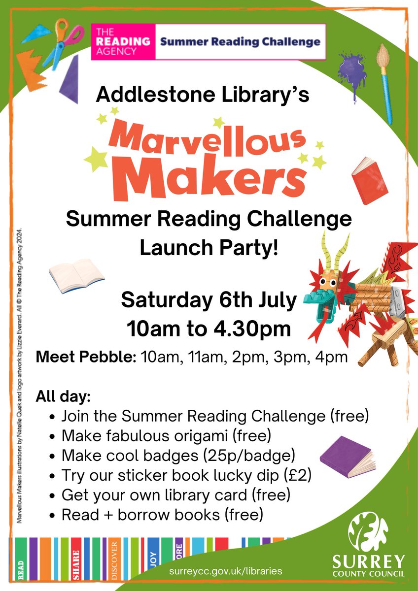 AddlestoneLib's tweet image. It's almost summer time, which means it's almost Summer Reading Challenge time... and we're throwing a party! ☀️🎈📚
Join us on Saturday 6th July to meet Pebble the penguin and celebrate the launch of #MarvellousMakers! 🐧🖌️