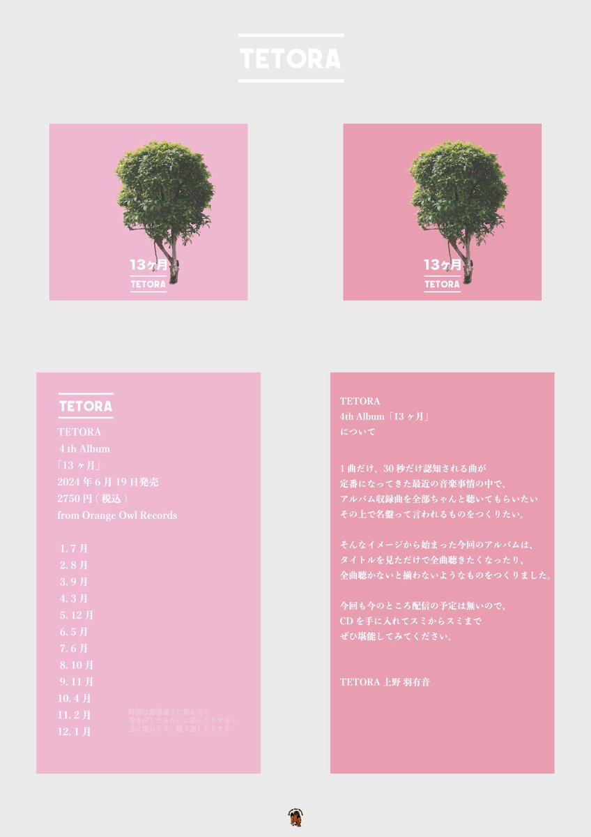 TETORA「13ヶ月」初回出荷分のジャケットの色は濃いピンクです。 モノ