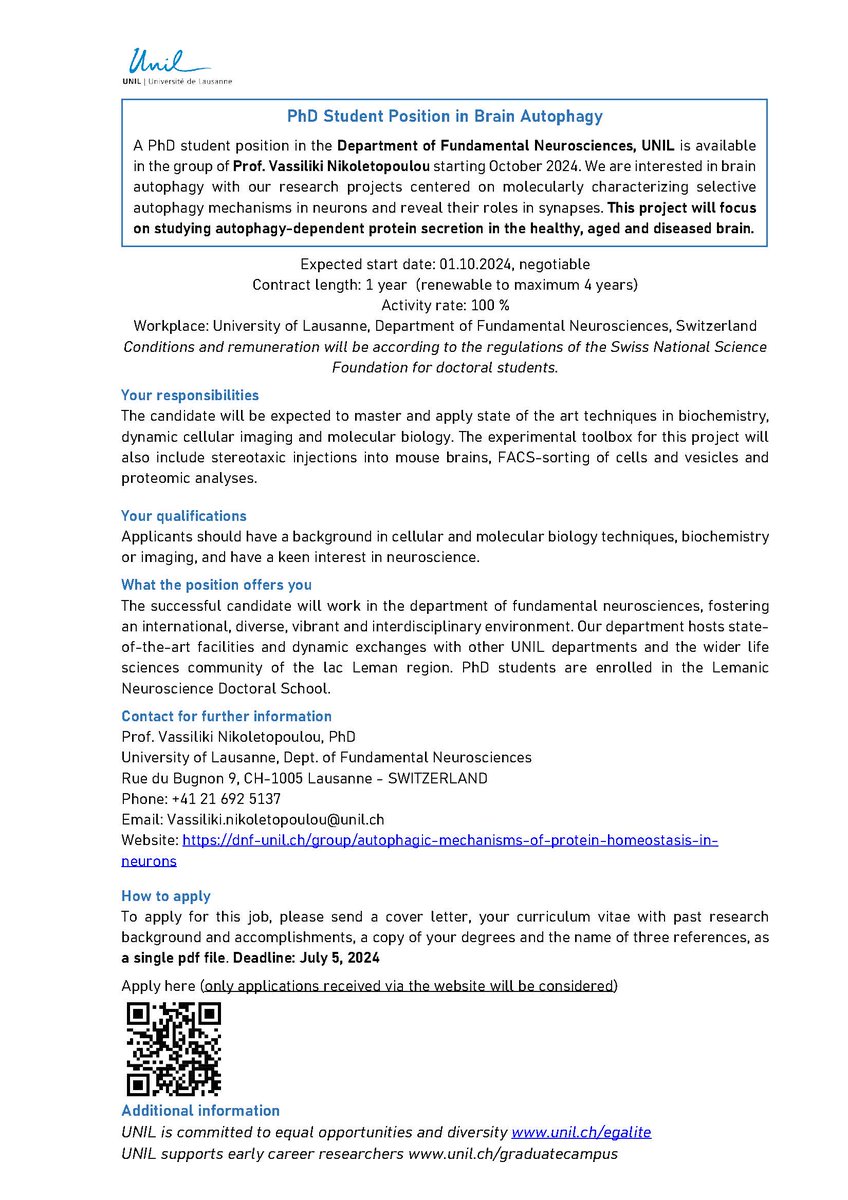 Vassiliki Nikoletopoulou Lab (@lab_vassiliki) on Twitter photo We are hiring a PhD student to study secretory #Autophagy in the brain! Apply using the QR code below ⬇️ <a href="/FBM_UNIL/">Faculté de biologie et de médecine (inactif)</a> <a href="/DNF_neuro/">Department of Fundamental Neurosciences</a> We are hiring a PhD student to study secretory #Autophagy in the brain! Apply using the QR code below ⬇️ <a href="/FBM_UNIL/">Faculté de biologie et de médecine (inactif)</a> <a href="/DNF_neuro/">Department of Fundamental Neurosciences</a>