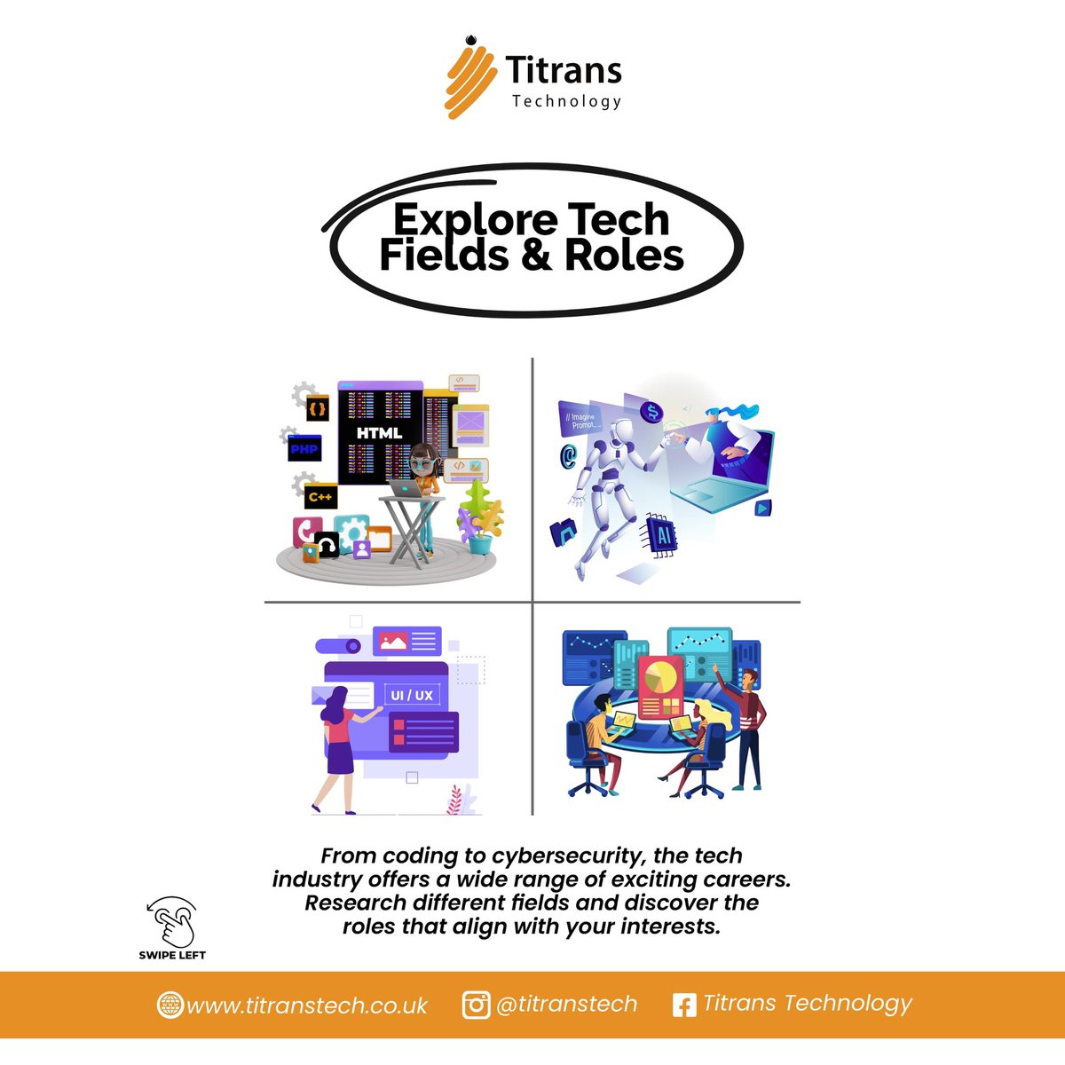 TitransTech's tweet photo. Feeling lost in the tech world? 

Swipe through these ultimate guides to choosing your tech career path for tips to find your perfect path! 

#TechCareers #FutureReady https://t.co/keugy7r0aN