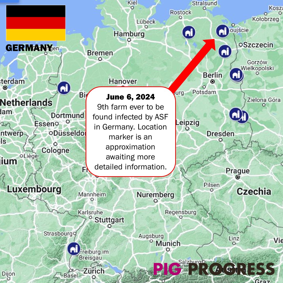 Germany 🇩🇪 has just reported a 9th #pig farm to be infected with African #Swine Fever. It happened in the north east of the country, on a finishing pig farm. 

<a href="/PigProgress/">PigProgress.net</a> has the latest details ⏩ lnkd.in/dW_7g4kK