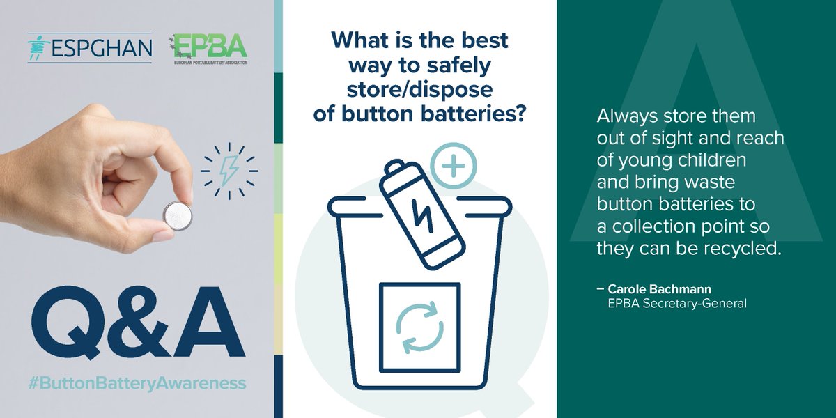 ESPGHANSociety's tweet image. ESPGHAN is proud to partner with @EPBA_batteries to provide practical information about Button Battery Ingestion awareness 🌟

Read below as @CaroleBachmann shares how to safely store and dispose of button batteries to safeguard children 🔋

#ButtonBatteryAwareness #ChildSafety