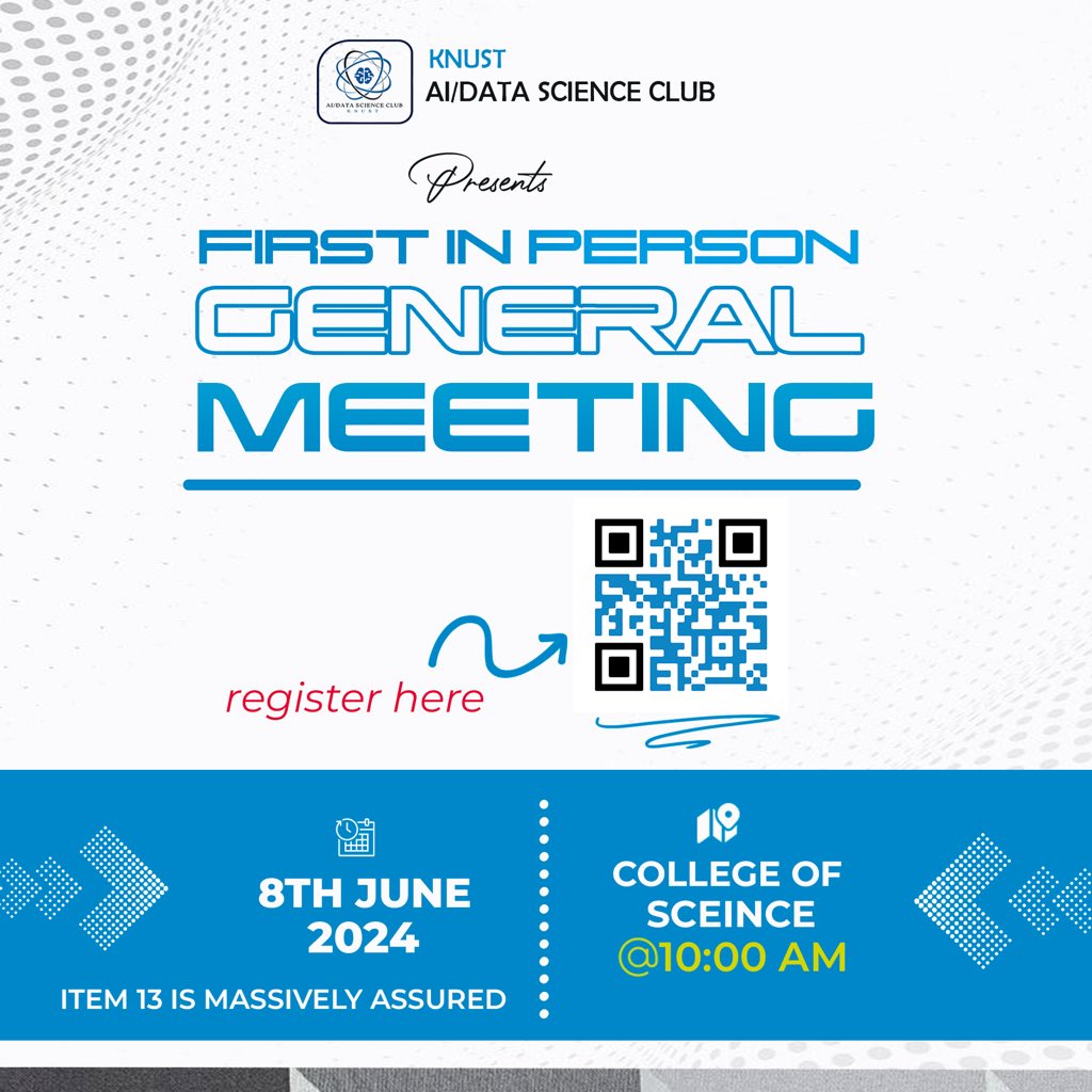 ai_knust's tweet photo. Hey AI/Data Science Club Members,
The wait is over! 🚀🚀🥳
Our first in person meeting is happening this Saturday, 8th June, at the College of Science, starting 10am sharp.
Don't miss out🥳🚀
Item 13 is massively assured! 
Please register through the link:
https://t.co/izS5wo0AG5 https://t.co/jsXG4pLwbC