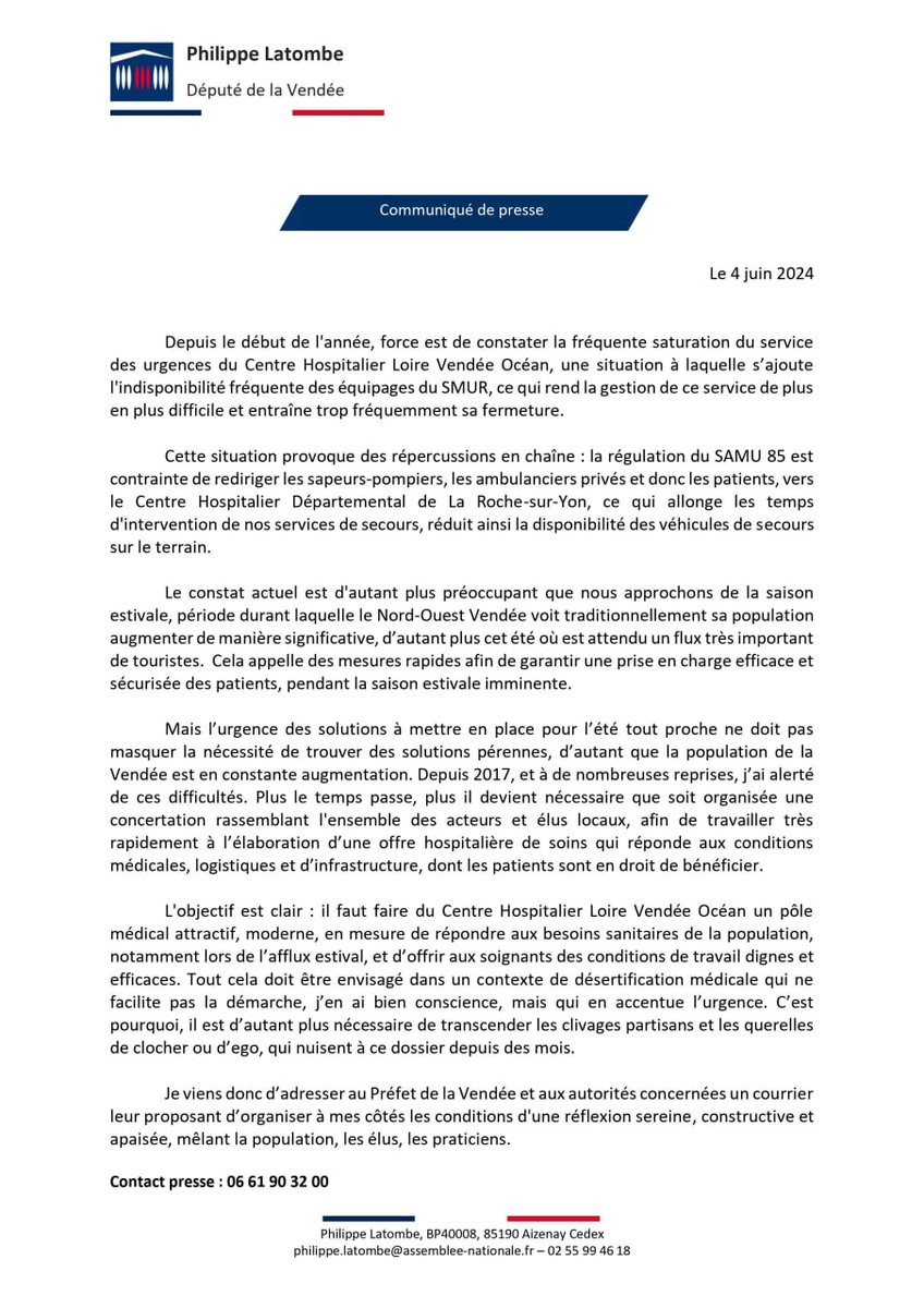 Urgences de l'hopital de Challans saturées urgences et cela avant même la saison estivale. 
Il faut une concertation apaisée des usagers, élus et praticiens pour tracer l'avenir du <a href="/chlvo/">Centre Hospitalier Loire Vendée Océan</a> 
Retrouvez mon communiqué de presse 👇