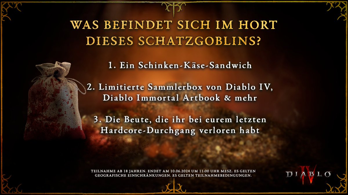 Diablo DE (@diablo_de) on Twitter photo Feiert die Jubiläen von #DiabloIV und <a href="/DiabloImmortal/">Diablo Immortal</a> mit höllischer Beute des Schatzgoblins.
So macht ihr mit:
👉 Folgt uns
❤️ Likt und teilt diesen Beitrag
💬 Gebt die richtige Antwort an; 1, 2 oder 3 und #TreasureGoblinGiveaway Feiert die Jubiläen von #DiabloIV und <a href="/DiabloImmortal/">Diablo Immortal</a> mit höllischer Beute des Schatzgoblins.
So macht ihr mit:
👉 Folgt uns
❤️ Likt und teilt diesen Beitrag
💬 Gebt die richtige Antwort an; 1, 2 oder 3 und #TreasureGoblinGiveaway