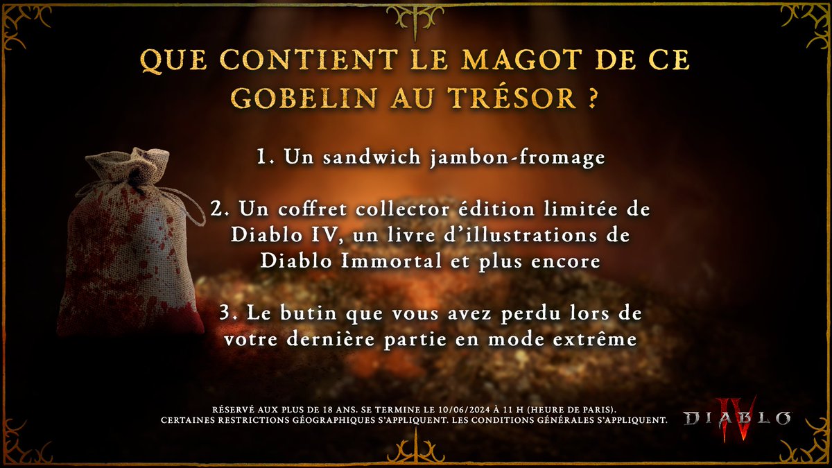 Fêtez l’anniversaire de #DiabloIV &amp; <a href="/DiabloImmortal/">Diablo Immortal</a> avec le gobelin au trésor.

Pour participer :
👉 Suivez-nous
❤️ Aimez et partagez
💬 Répondez correctement en commentaire : 1, 2 ou 3 et #TreasureGoblinGiveaway 

Le tirage au sort se termine le 10/06/24 à 11 h (heure de Paris).