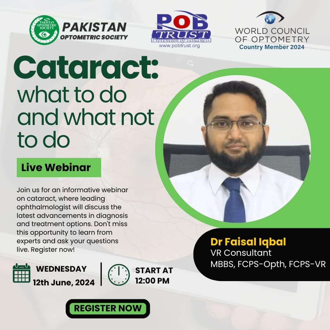 PobTrustPk's tweet photo. Join us for a cataract webinar hosted by POB Trust and  Pakistan Optometric Society (POS) Punjab Chapter.
Time: June 12, 2024 12:00 PM (PST)
Webinar Link:
https://t.co/Pltc0cGAhg?…
Meeting ID: 822 9697 4189
Passcode: pospunjab https://t.co/mpmusZJcmz