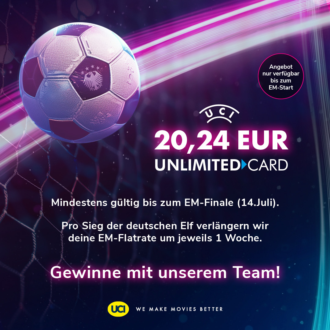 ucikinode's tweet image. Sichert euch jetzt die Unlimited Card für nur 20,24 €: uci-unlimited.de 🖤❤️💛 Diese ist ab sofort bis mindestens zum EM-Finaltag am 14. Juli gültig. Gewinnt mit jedem Sieg der deutschen Mannschaft jeweils eine Woche kostenlose Verlängerung eurer neuen Kinoflatrate 🎉