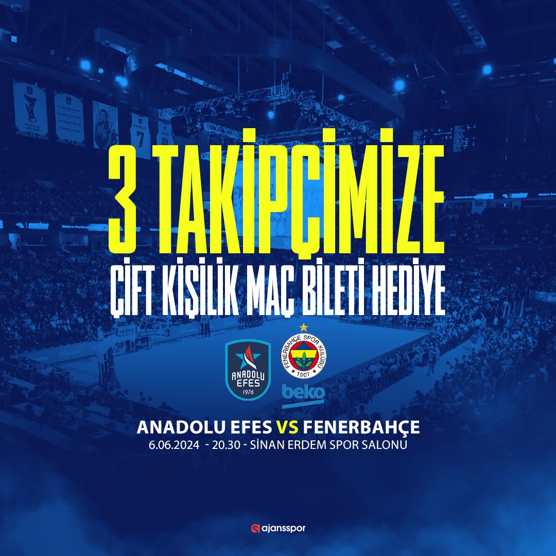 🤩 Anadolu Efes, Fenerbahçe Beko'yu Sinan Erdem Spor Salonu'nda konuk ediyor!

🎟️ Bu tweet'i RT edip beğenen ve <a href="/radyospor/">Radyospor</a> ile  <a href="/ajansspor/">Ajansspor</a>'u takip eden 3 kişiye çift kişilik maç bileti hediye ediyoruz!

<a href="/AnadoluEfesSK/">Anadolu Efes SK</a>