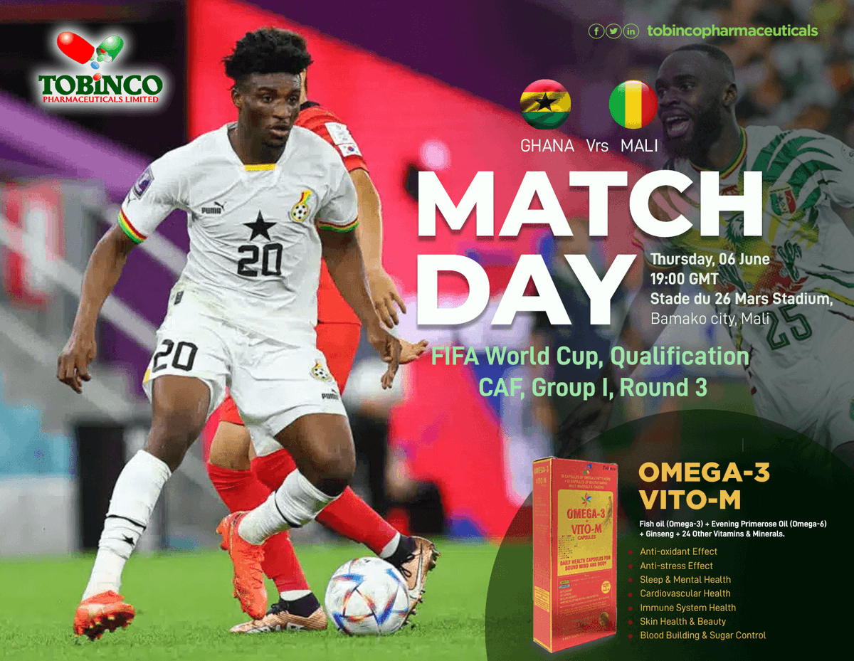 Tobincopharmacy's tweet photo. Go Black Stars... Bring Back The Love!
#Thomaspartey #Omega3 #Vitom #Napo #Afcon #Kudus #Mohamedkudus #Soccer #ghanavrsmali #Blackstars #fifasupportingcafcorruption #GoalSetting #matchday https://t.co/En5Wc3MbfA