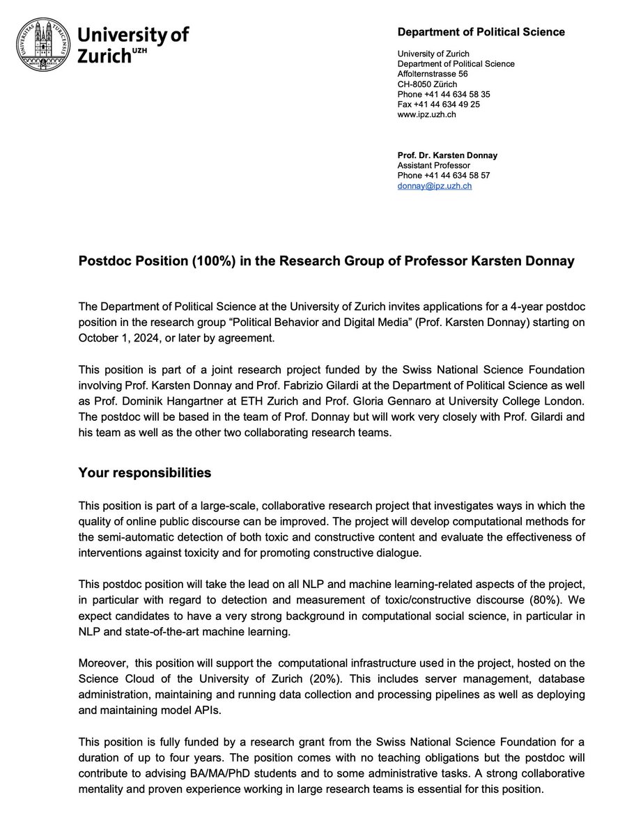 Karsten Donnay (@karstendonnay) on Twitter photo 🚨 4-year postdoc position in computational social science at <a href="/UZH_en/">University of Zurich</a>. Come work with me and <a href="/fgilardi/">Fabrizio Gilardi (inactive)</a> at <a href="/IPZ_ch/">IPZ - Political Science UZH</a>!
This is part of an #SNF project together with Dominik Hangartner and <a href="/gloriagennaro/">Gloria Gennaro</a>. Application deadline is June 30. Job ad & details: ⬇️
ipz.uzh.ch/de/ueber-uns/o… 🚨 4-year postdoc position in computational social science at <a href="/UZH_en/">University of Zurich</a>. Come work with me and <a href="/fgilardi/">Fabrizio Gilardi (inactive)</a> at <a href="/IPZ_ch/">IPZ - Political Science UZH</a>!
This is part of an #SNF project together with Dominik Hangartner and <a href="/gloriagennaro/">Gloria Gennaro</a>. Application deadline is June 30. Job ad & details: ⬇️
ipz.uzh.ch/de/ueber-uns/o…