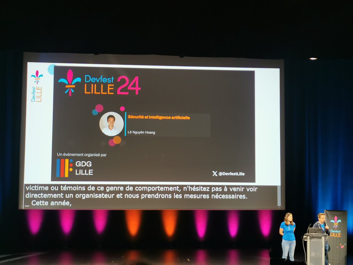 C'est le lancement du <a href="/DevfestLille/">DevLille</a> 2024 !

Lê Nguyên Hoang nous a parlé de #cybersécurité avec l'#IA

Retrouvez moi à 14h40 pour parler de #cybersécurité et #automatisation