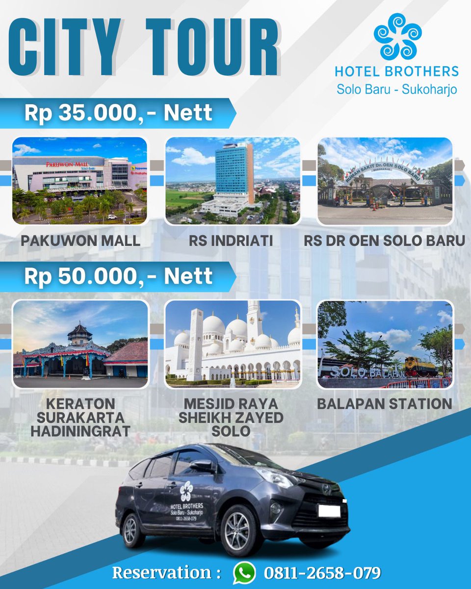 Yuk Solo City Tour 🚘

Rp 35.000
Area: Pakuwon Mal|RS Indriati|RS Dr Oen Solo Baru
Rp 50.000
Area: Keraton Hadiningrat|Mesjid Zayed Solo|Balapan Station

Liburan &amp; menginap di Hotel Brothers
More Info:
08112658079
linktr.ee/Brothers.hotel
#hotelindonesianatour
#hotelindonesiagroup