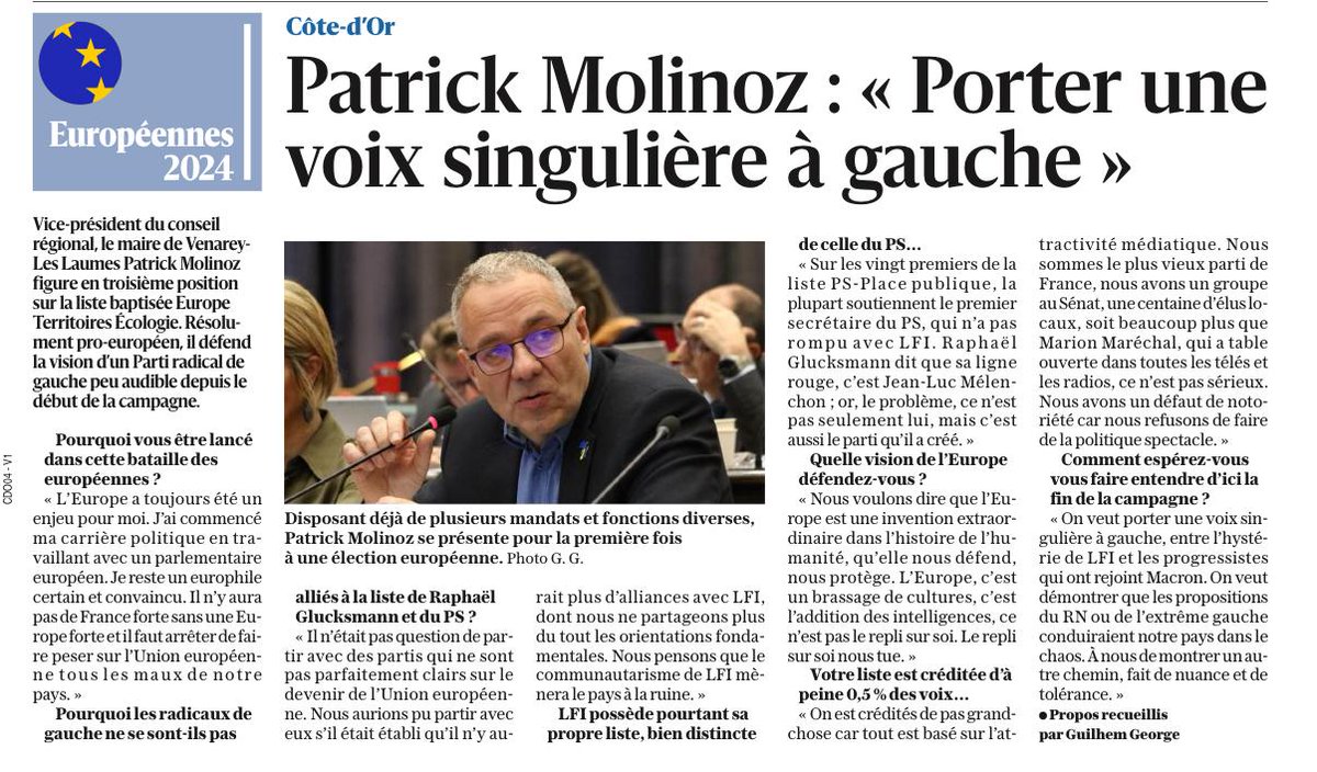 #Européennes2024 🗳️3⃣1⃣

"Pas de 🇫🇷 forte, sans une 🇪🇺 forte. Il faut arrêter de faire peser sur l'UE tous les maux de notre pays" 

"On veut porter une voix singulière à gauche, entre l"hystérie LFI &amp; les progressistes qui ont rejoint Macron"

<a href="/MolinozPatrick/">Patrick MOLINOZ</a> N°3 de notre liste