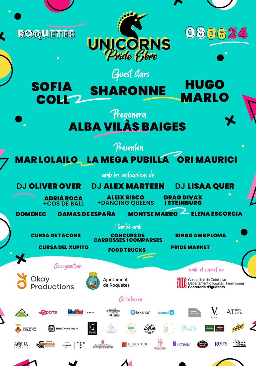 El proper dissabte dia 8 arriba la tercera edició de l'#UnicornsPride #OrgullRuralDeLesTerresDelEbre luxe d'actuacions, carrosses, concursos i sobretot visibilitat del col·lectiu lgtbiq+ de les Terres de l'Ebre, som molts i som aquí lliures i sense armaris.