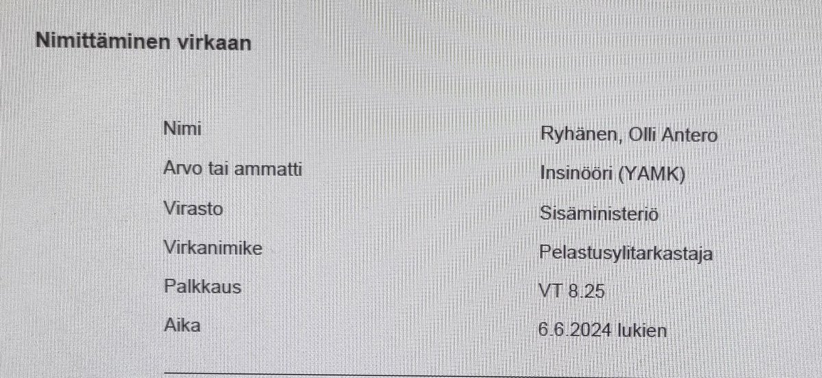 ryhisman's tweet photo. Työt jatkuu sisäministeriön pelastusosastolla muun muassa pelastustoiminnan, pelastustoiminnan johtamisen ja tilannekuva-asioiden merkeissä nyt vakinaisessa virassa 🥳🫡 https://t.co/ngb7RzIAeP