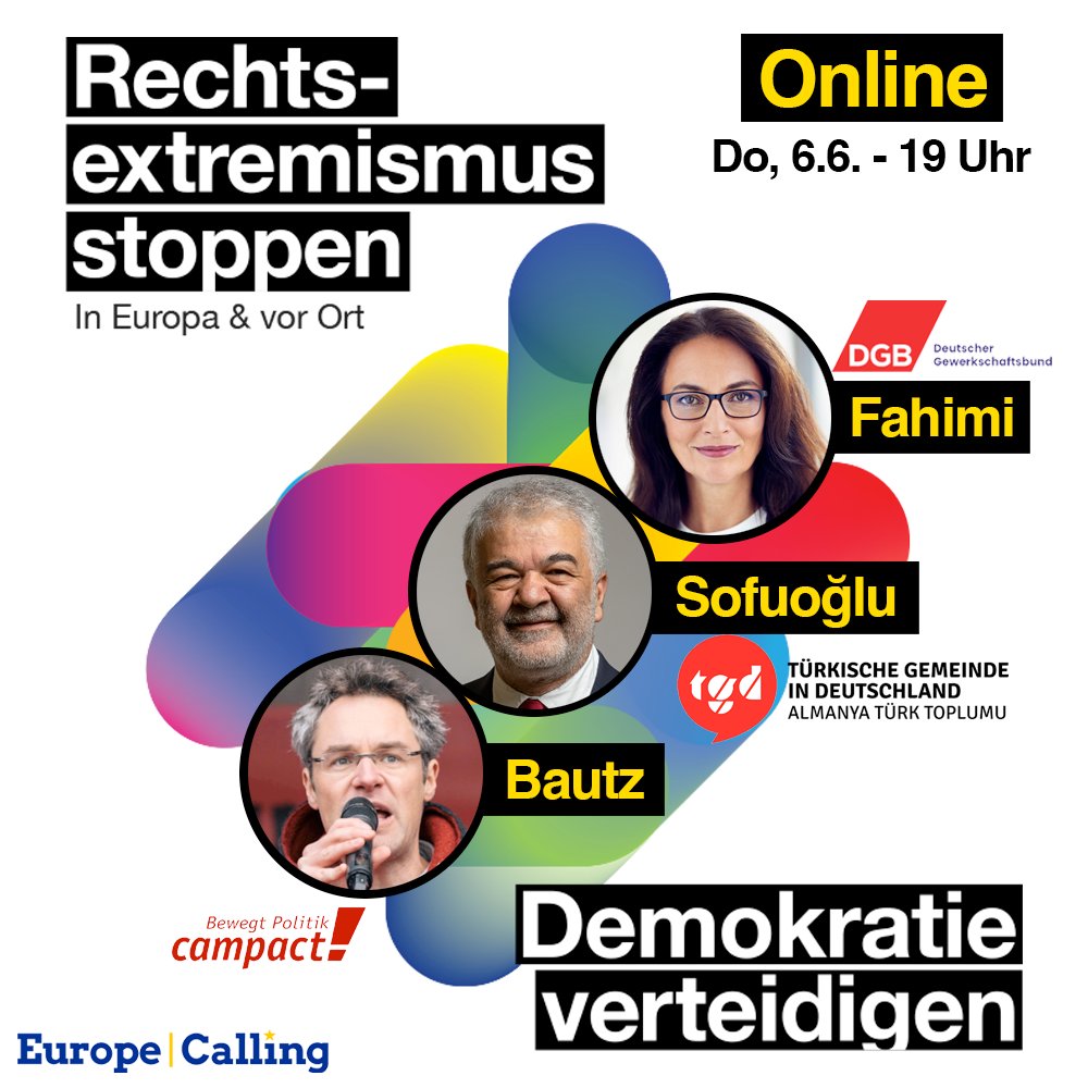 ⏰HEUTE - 19:00 Uhr: Online-Demo für Demokratie

An hunderten Orten gehen Menschen auf die Straße. Wir sind online dabei mit:

➡️ <a href="/FahimiYasmin/">Yasmin Fahimi</a> - <a href="/dgb_news/">DGB - Deutscher Gewerkschaftsbund</a> Vorsitzende
➡️ <a href="/gsofuoglu/">Gökay Sofuoglu</a> - Vorsitzender Türkische Gemeinde Deutschland <a href="/tgd_att/">Türkische Gemeinde in Deutschland e.V. (TGD)</a>
➡️ @ChristophBautz <a href="/campact/">Campact e.V.</a>  

Anmeldung: