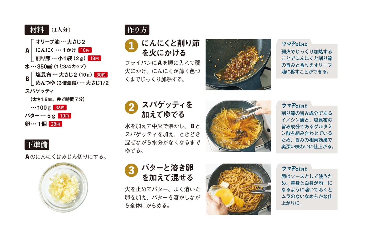 レシピ付き！

今までのパスタをガチで超越したフライパン１つでできる

『幸せのパスタ』

鰹節と塩昆布を加えることで今まで感じたことが無いほどの旨味が口いっぱいに広がります。

カルボナーラの如く濃厚でソースもとろとろな仕上がりに！

TikTokで300万再生とバズりまくったレシピを是非