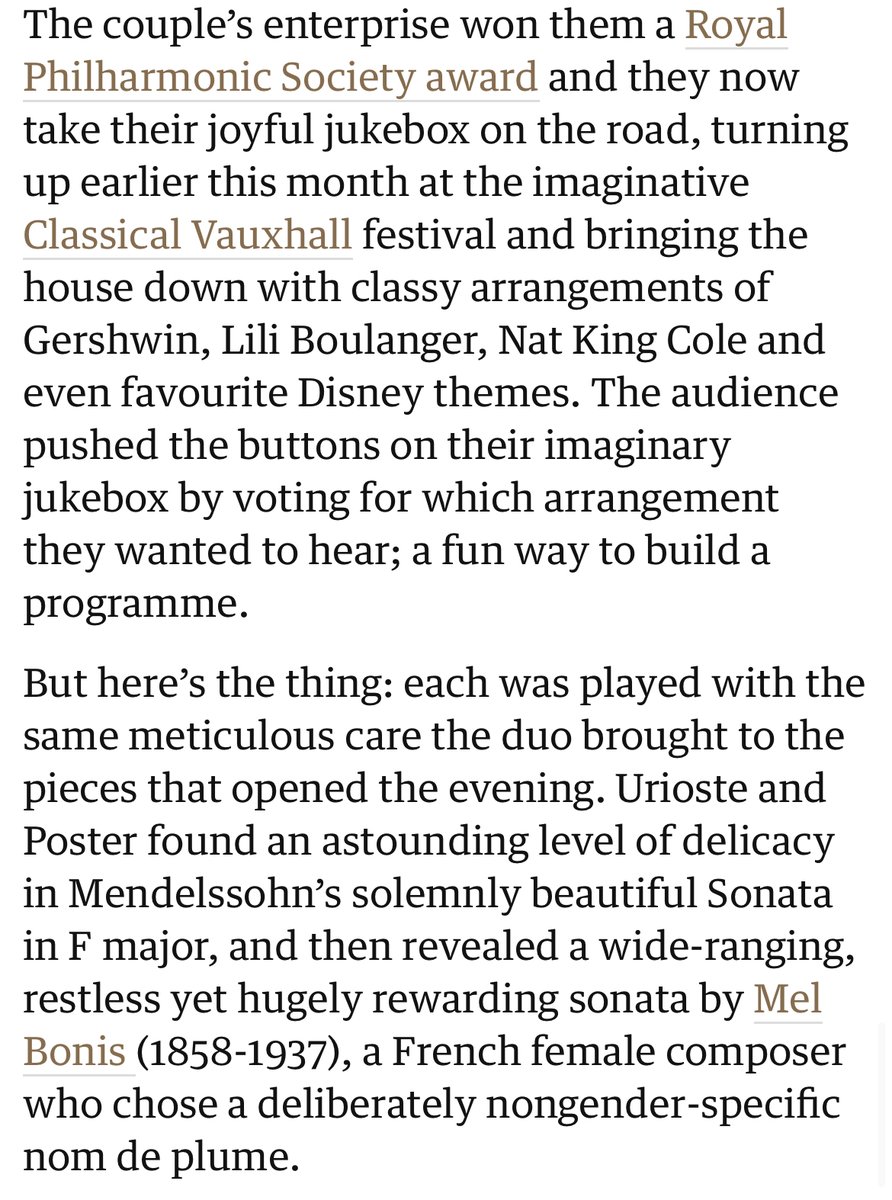 Tom Poster (@postertom) on Twitter photo A lot has happened since our #UriPosteJukeBox, but on Tue (11th), alongside sonatas by Mozart & Prokofiev, we bring a live Jukebox set to <a href="/wigmore_hall/">Wigmore Hall</a>, where the audience gets to vote on what they’d like to hear!
wigmore-hall.org.uk/whats-on/20240…
(Recent review from The Observer below) A lot has happened since our #UriPosteJukeBox, but on Tue (11th), alongside sonatas by Mozart & Prokofiev, we bring a live Jukebox set to <a href="/wigmore_hall/">Wigmore Hall</a>, where the audience gets to vote on what they’d like to hear!
wigmore-hall.org.uk/whats-on/20240…
(Recent review from The Observer below)