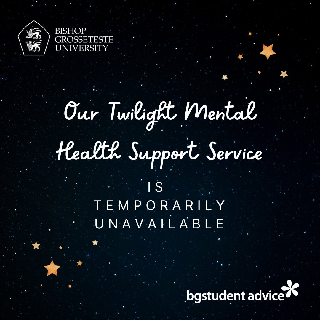 BGstudentadvice's tweet photo. 1. Our Twilight Mental Health Support is temporarily unavailable - we'll let you know when this becomes available again.

You can still contact us for mental health support during office hours, or book online here:
https://t.co/CWzCMyVuU0 https://t.co/VHXGKw7wP2