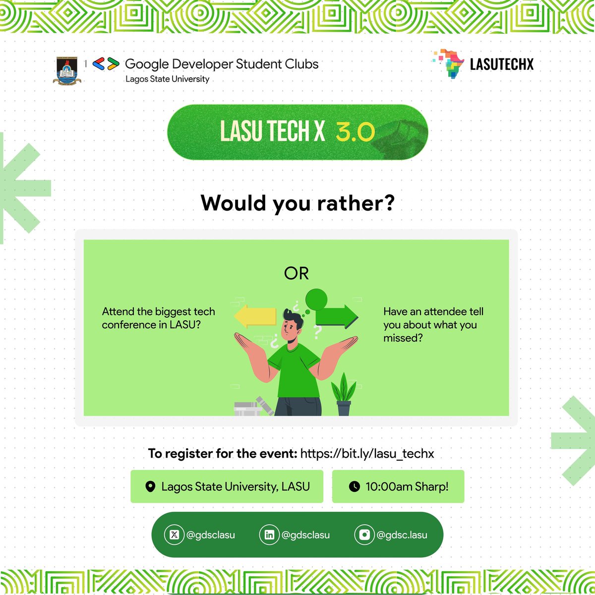 gdgoc_lasu's tweet image. This or that? Attend or miss out?

Choose rightly!
You certainly don&apos;t want to miss LASUTECHX 3.0.😎

Grab your tickets at: bit.ly/lasu_techx

#lasutechx3 #techies #lasu