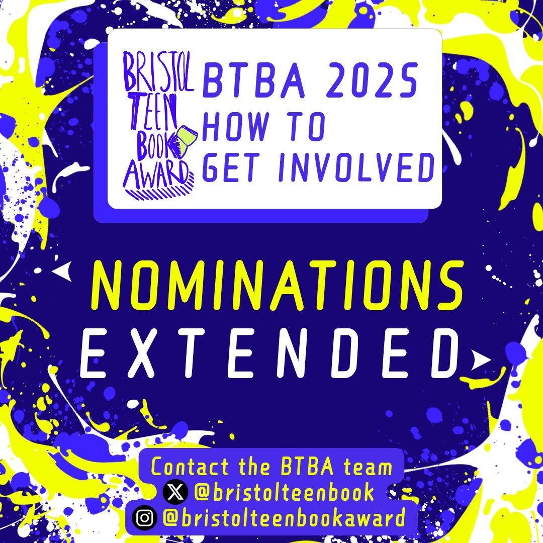 📣 Breaking News! 
Nominations for #BTBA2025 have been officially extended 🎉

The new deadline is 19th June, so if you've read a fab book for teens  written by a UK author and published since January 2023 submit your nomination here forms.office.com/r/sHY580eK2q

#BristolSchools #RfP