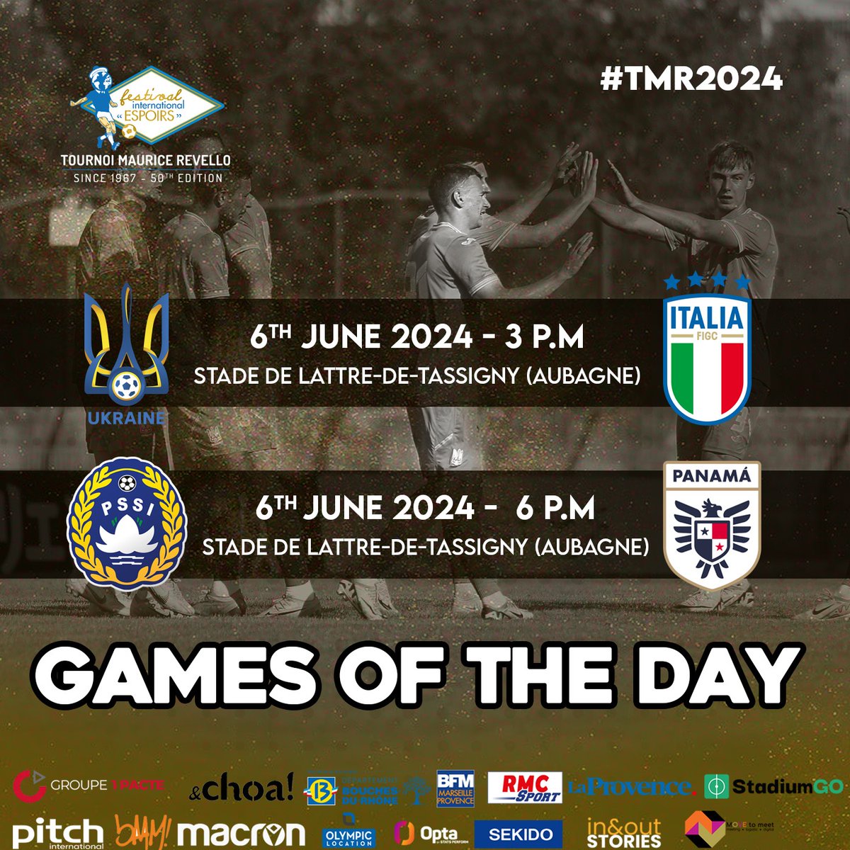 TournoiMRevello's tweet photo. 𝔾𝔸𝕄𝔼𝔻𝔸𝕐 ❗

𝗠𝗮𝘁𝗰𝗵 1⃣
🇺🇦 Ukraine (@uafukraine) 🆚🇮🇹 Italy  (@azzurri ) #UKRITA | 🕐 3 P.M

𝗠𝗮𝘁𝗰𝗵 2⃣
🇮🇩 Indonesia (@TimnasIndonesia) 🆚 🇵🇦 Panama (@fepafut) #INAPAN | 🕐 6 P.M

🏟 Stade de Lattre-de-Tassigny (@villedaubagne)

🆓 FREE ENTRY

#TMR2024 https://t.co/mXXApaslAs