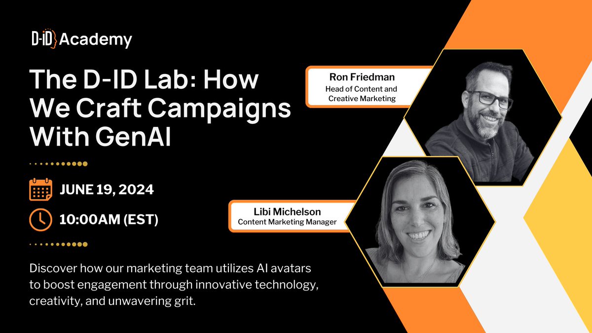 D_ID_'s tweet photo. Ready to revolutionize your #marketing game? 😎📈

Join @RDFriedman & Libi Michelson on June 19th at 10am (EST) to learn how our team uses #GenerativeAI tools like @Canva, @Midjourney, and our #CreativeRealityStudio to create impactful #campaigns! 🤖🚀

Perfect for small teams looking to do more with less! 🤓💪
👉 Register now: https://t.co/Ggo9aaa38q

#DID #AI #DigitalAvatars #GenAI #Webinar
