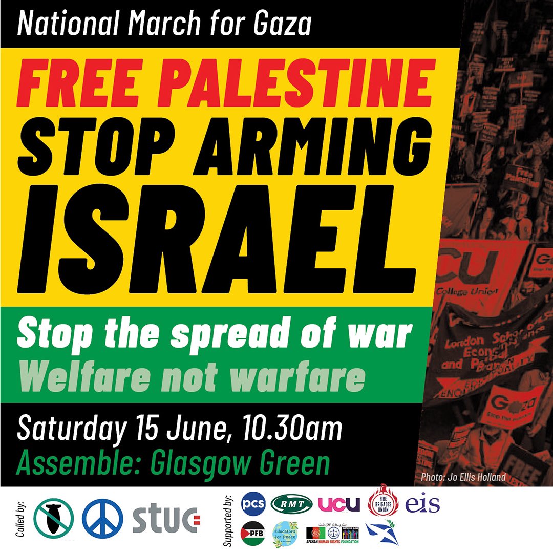 DundeeStopWar's tweet photo. 🚌 There's a North East coach from Dundee (organised transport also from Aberdeen, Perth and Edinburgh) https://t.co/R6YSTTHc8Z

🇵🇸 Join the national march in #Glasgow organised by @stwscotland, @scottishcnd &amp; @scottishtuc on the 15th June

#StopArmingIsrael #FreePalestine https://t.co/ttpVVbpOVJ