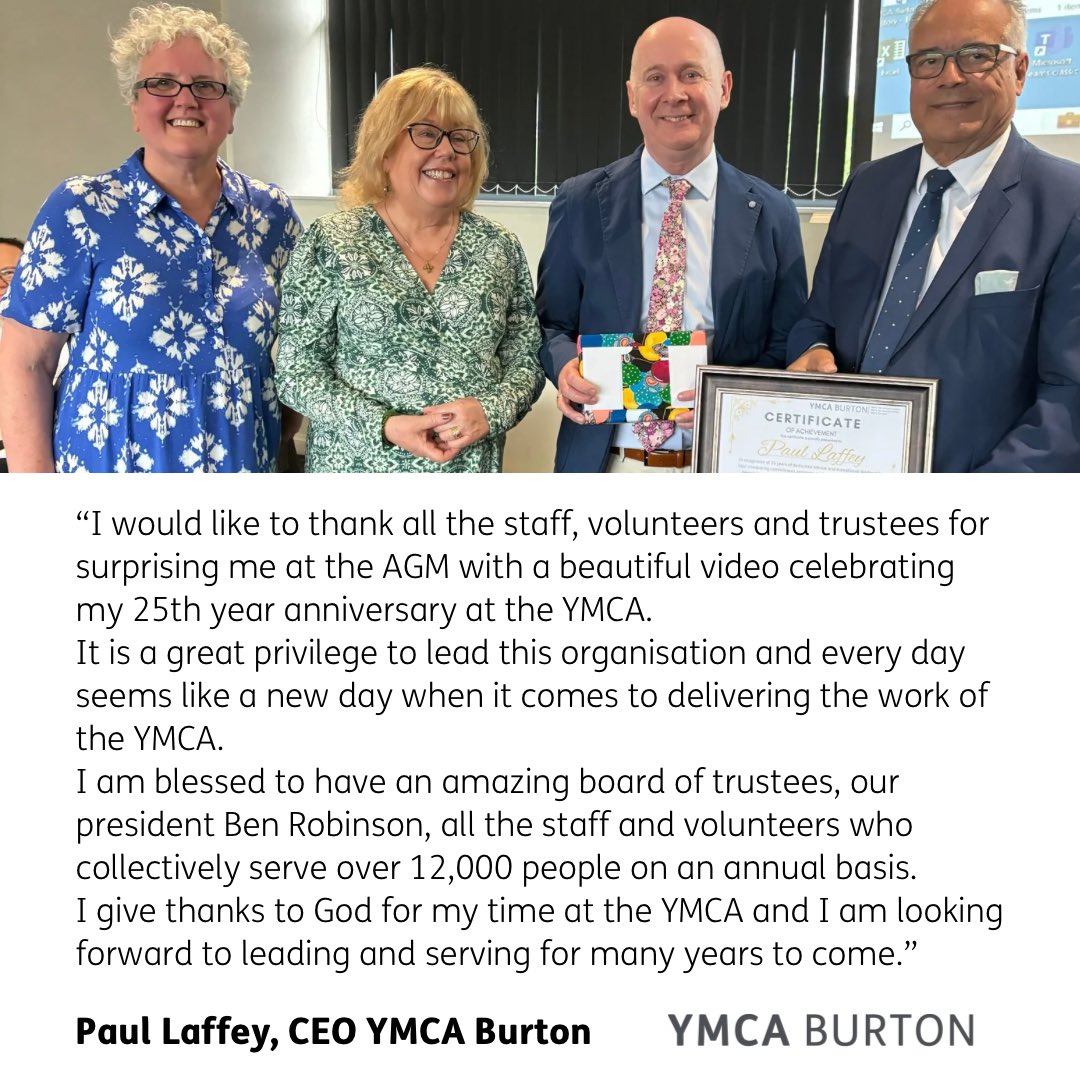 YMCA_Burton's tweet photo. This week, our CEO Paul Laffey reached the milestone of 25 years at the YMCA! What a fantastic achievement! We thank Paul for everything he does for us as staff, and all that he does for our volunteers and community

👏🏽

#YMCA #YMCABurton https://t.co/6lJ80o0GVd