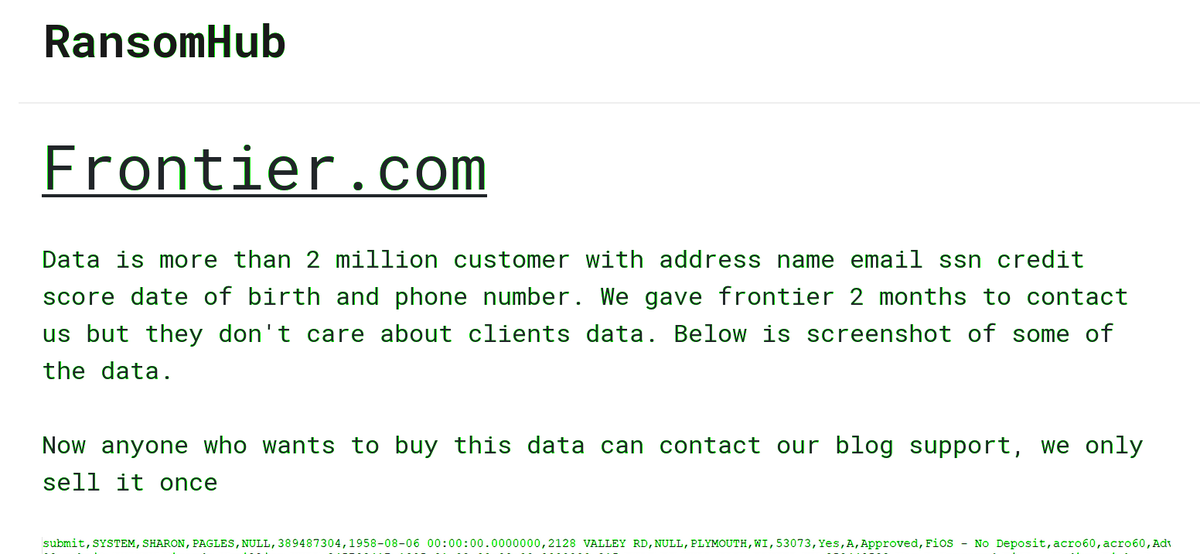 secmentis's tweet photo. 5GB of data snatched from Frontier, a #telecom giant, after #cyberattack on sale--Hackers breached corporate IT systems, caused material operational disruption https://t.co/XnwawYPQJC #cyberattack #databreach #ransomware #hacking #network #internet #web #fiber #api #cybersecurity https://t.co/zag2ftXGLi