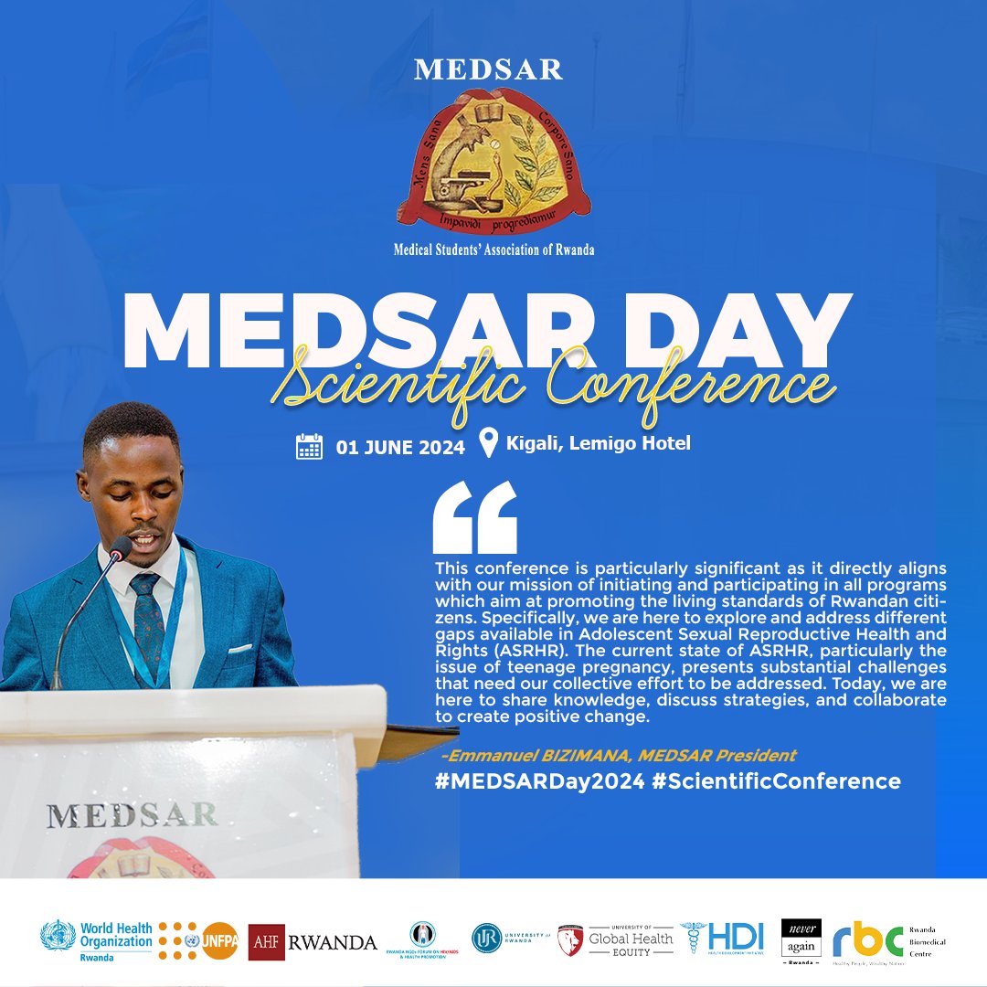 medsar_rwanda's tweet photo. HIGHLIGHTS
#MEDSARDay2024 #ScientificConference 
"The current state of ASRHR, particularly the issue of teenage pregnancy presents substantial challenges that need our collective effort to be addressed." _Emmanuel BIZIMANA, MEDSAR President at #MEDSARDay2024 https://t.co/qIvGlucwnQ
