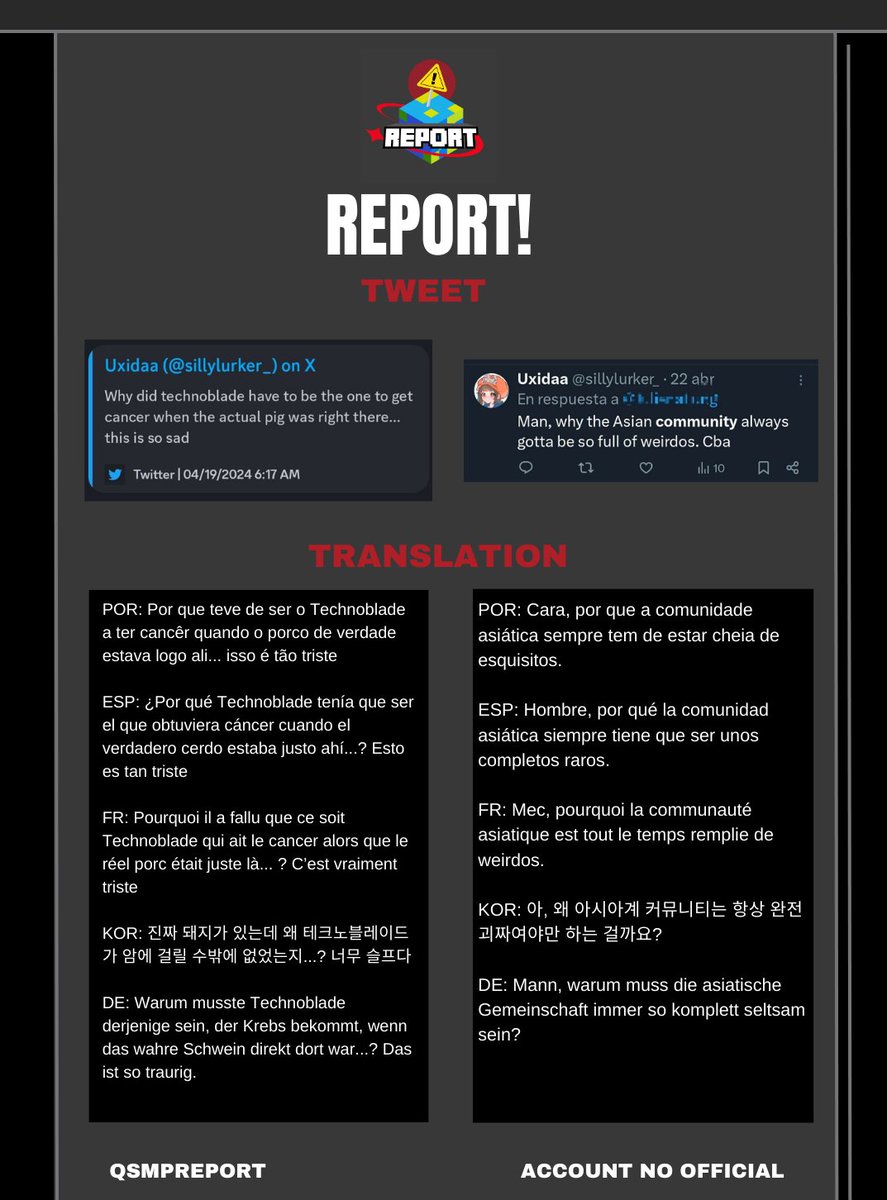QSMPreport's tweet photo. This account made an insensitive comment about a CC and demonstrated xenophobia towards multiple communities...

https://t.co/MmqqLRpPzd

Report, block, and do not interact. https://t.co/aF3Vd3R2eU