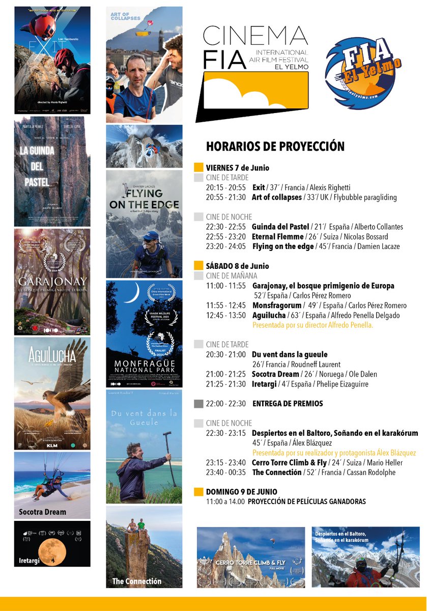 🎥 Ya puedes consultar el programa de proyecciones del #CinemaFIA ⤵️

📅 7, 8 y 9 de junio
📌 Pabellón municipal de Cortijos Nuevos (Recinto FIA)
✅ Entrada libre

#FIAElYelmo #Cine #Festival #Vuelo #Aventura #Naturaleza #Parapente #Paramotor

fiaelyelmo.com/cine/es/festiv…