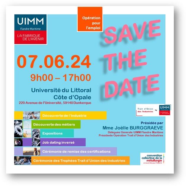 🗓️📍C’est demain !
🗓️ L’UIMM FM organise son opération pour l’emploi ce 7 juin 2024 à l’<a href="/ULCO_Univ/">ULCO (officiel)</a> 
🕘 À partir de 9h
🤝🏻 Job dating 
🏆 Remise des prix « Trait d’Union des industries - Opération pour l’emploi »
🎓 Remise des CQPM  
Et bien d’autres surprises !