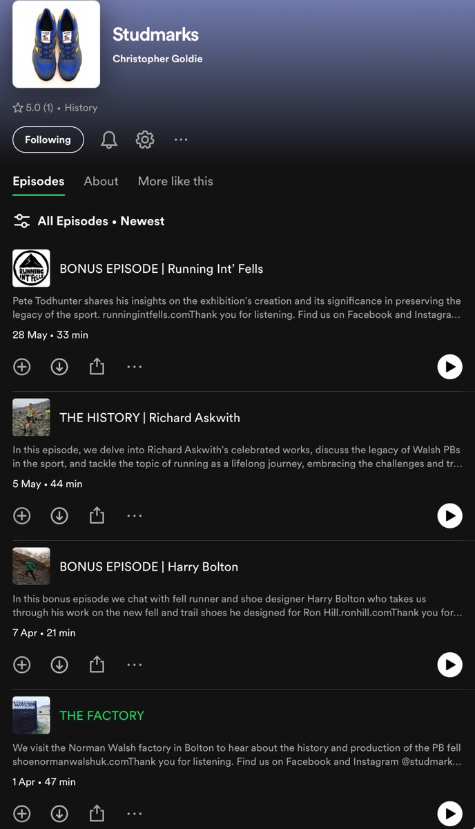 The podcast I created about the history and impact of the <a href="/NormanWalshUK/">normanwalshuk</a> fell shoe is in full swing. Fantastic contributions from <a href="/richardaskwith/">Richard Askwith</a> with more to come from <a href="/steev8/">Steve Chilton</a> &amp; @boffwhalley to name a few. #studmarks #fellrunning