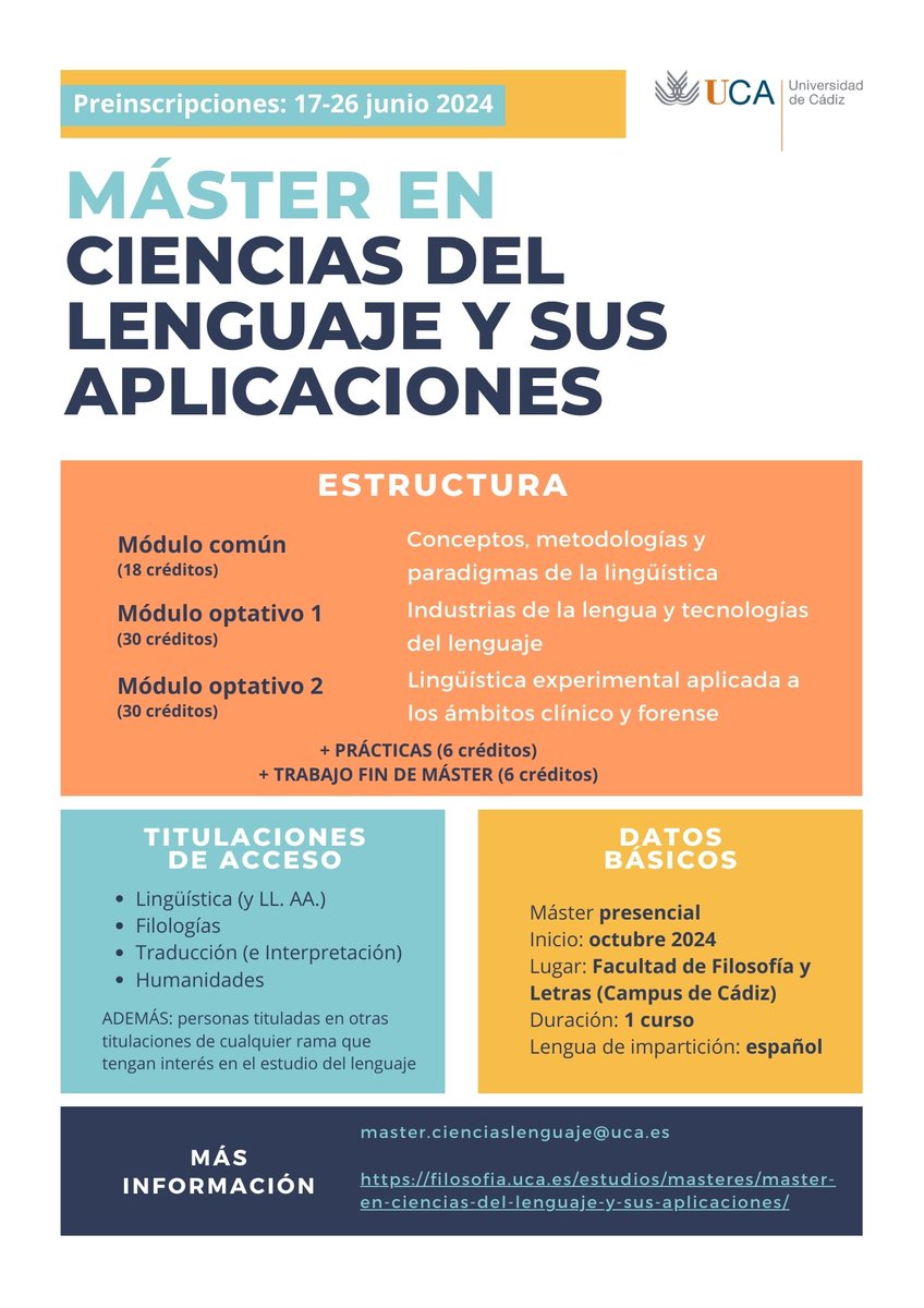 linguistica_uca's tweet photo. ➡️Por fin podemos contaros algo en lo que llevamos trabajando mucho tiempo: 

¡el Máster en Ciencias del Lenguaje y sus Aplicaciones por la @univcadiz comienza el curso próximo!

Tenéis toda la información aquí: https://t.co/77qA5RU2H7

⚠️Preinscripciones del 17 al 26 de junio. https://t.co/01ErkjyiOS