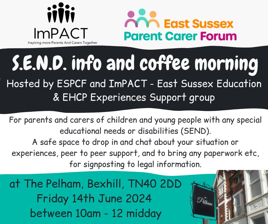 East Sussex Parent Carer Forum - ESPCF (@eespcf) on Twitter photo Come along to <a href="/thepelham/">The Pelham</a> on Friday 14th June, 10am to 12 midday, for our #SEND info & coffee morning with the support group ImPACT. Drop in & chat about your situation, peer to peer support, SEND paperwork, signposting to legal info. All parent carers in East Sussex are welcome. Come along to <a href="/thepelham/">The Pelham</a> on Friday 14th June, 10am to 12 midday, for our #SEND info & coffee morning with the support group ImPACT. Drop in & chat about your situation, peer to peer support, SEND paperwork, signposting to legal info. All parent carers in East Sussex are welcome.