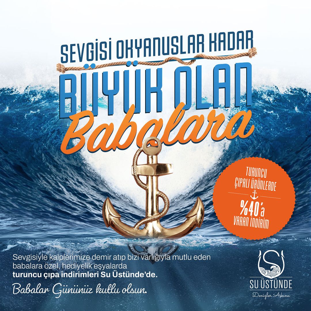 Bizleri daima mutlu eden babaları mutlu edecek hediyelik eşyalar ve Babalar Günü’ne özel turuncu çıpa indirimleri Su Üstünde mağazalarında ve suustunde.com adresinde.
#suüstünde #denizleraşkına #babalargünü #indirim #babalargünüindirimi #kampanya #gemi #onlinealışveriş