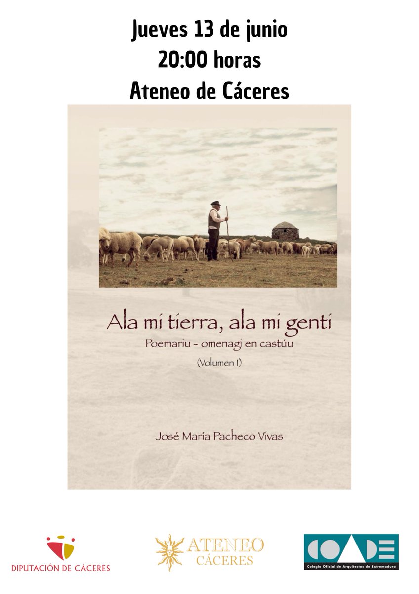Jueves 13 de junio a las 20:00 horas, se presentará en el Ateneo el libro:
Ala mí tierra, ala mí gentí.
Jose Maria Pacheco Vivas

#AlaMiTierraAlaMiGenti #PoemarioCastúo #RaícesExtremeñas #HerenciaCultural #IdentidadExtremeña #AteneoDeCáceres #JoseMariaPachecoVivas