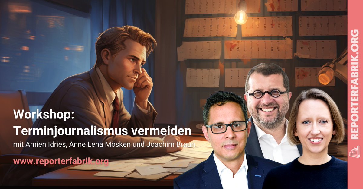 Reporterfabrik's tweet photo. Ein #Pressetermin folgt auf den nächsten und am Ende kommt nur eine kurze Nachricht dabei heraus. Wie Terminjournalismus in eurem Kalender keine Überhand nimmt, zeigen @JBraun1965, Amien Idries und @annelenam im #Workshop. https://t.co/3ml8Ft0KU6 #Journalismus #reporter https://t.co/IbUAmkH2rK