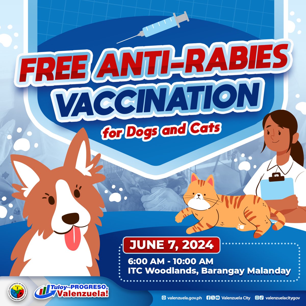 valenzuelacity's tweet photo. FREE Anti-Rabies Vaccine for your pets! 🐾

The City Government of Valenzuela will be holding FREE anti-rabies vaccination activities for dogs and cats tomorrow, June 7, 2024, at ITC Woodlands, Barangay Malanday. See you there! 

#Valenzuela #Pets #ValPets https://t.co/ddiduzidp9