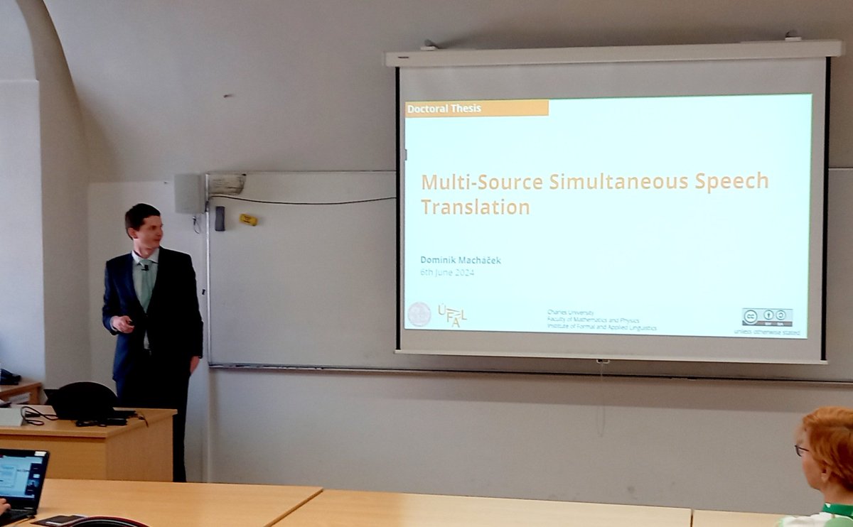 Congratulations🥳 to 👉Dr.👈 Dominik Macháček👨‍🎓for passing his PhD thesis defence! 🍻 In his defense talk, Dominik described his five-year journey from text machine translation to automated interpreting.