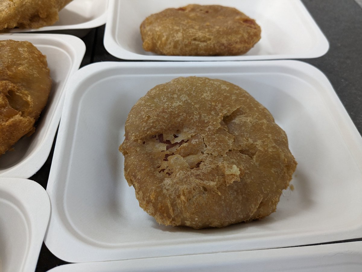 Our D Day anniversary celebrations are well underway! 
Homemade potato cakes with cheese &amp; bacon and Spam fritters served up this break time 🇬🇧👩‍🍳